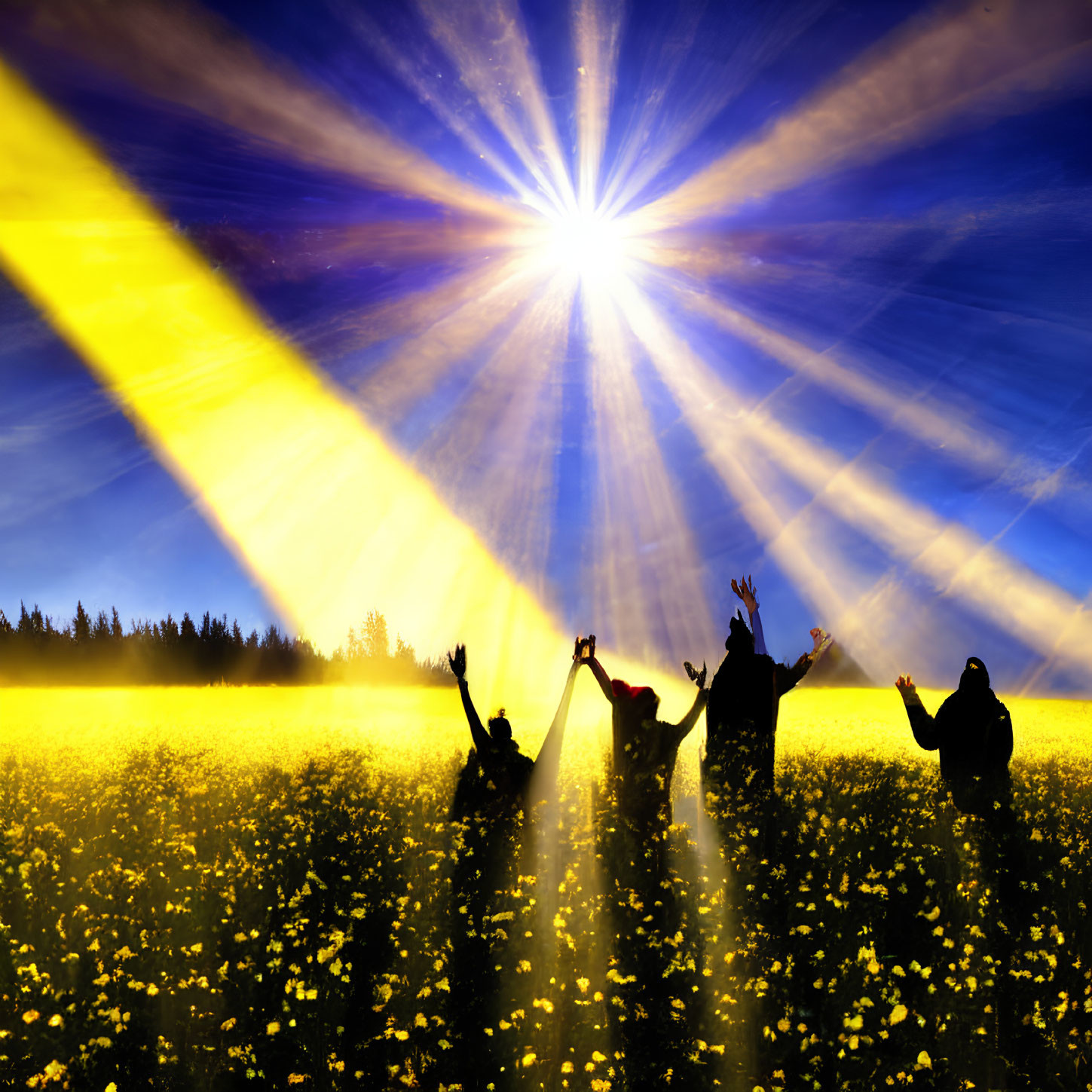 Group of People Celebrating in Yellow Flower Field Under Radiant Sun