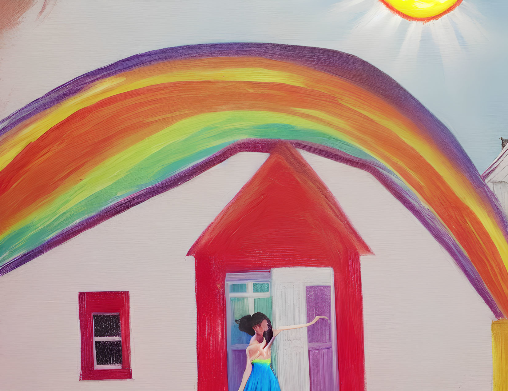 Colorful Painting of Girl Opening Door to Red House with Rainbow and Sun