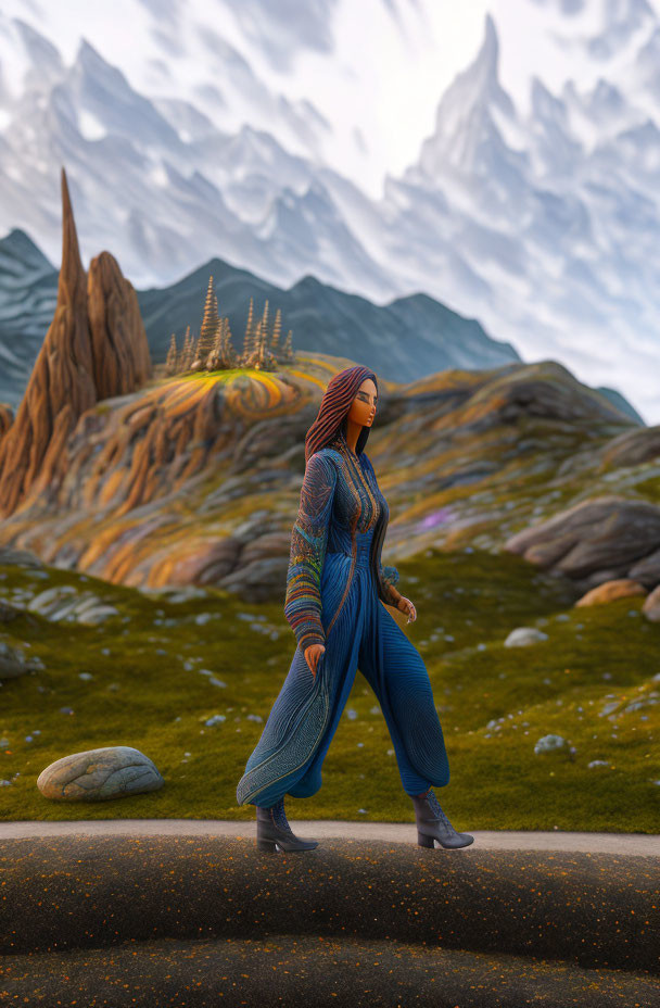 3D rendered image of woman in fantastical landscape with unique rock formations