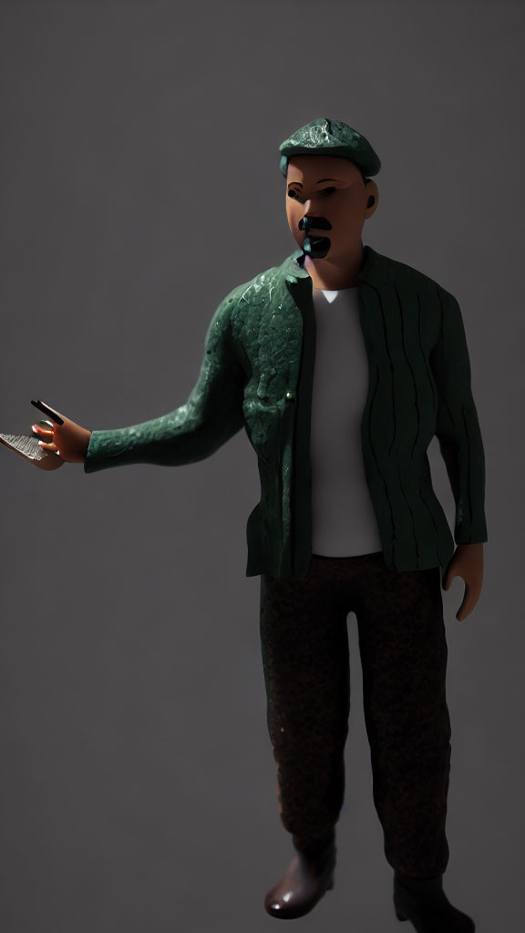 Stylized figurine of a man in green jacket with smartphone