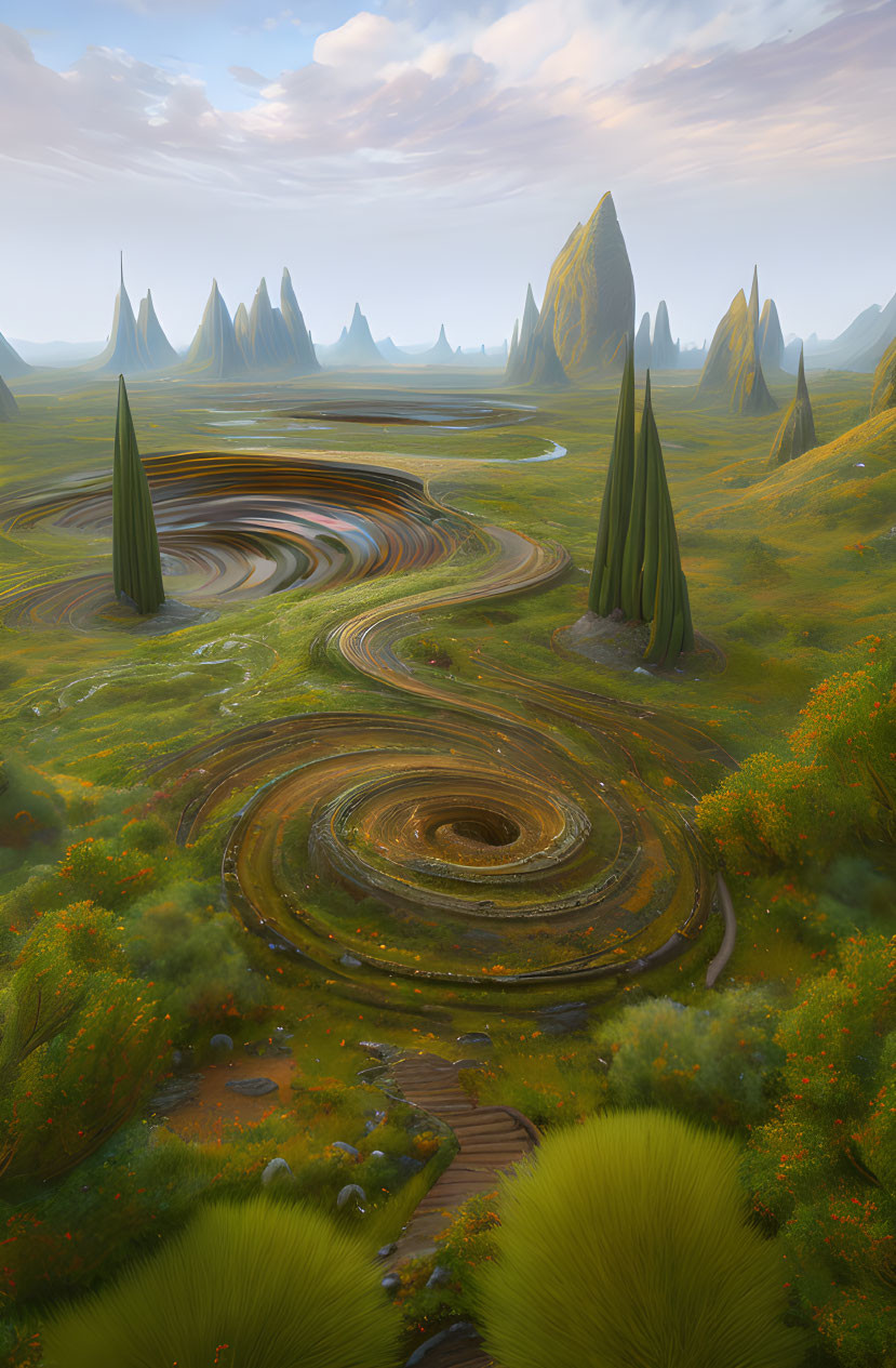 Fantastical landscape with swirling earth patterns and towering spires