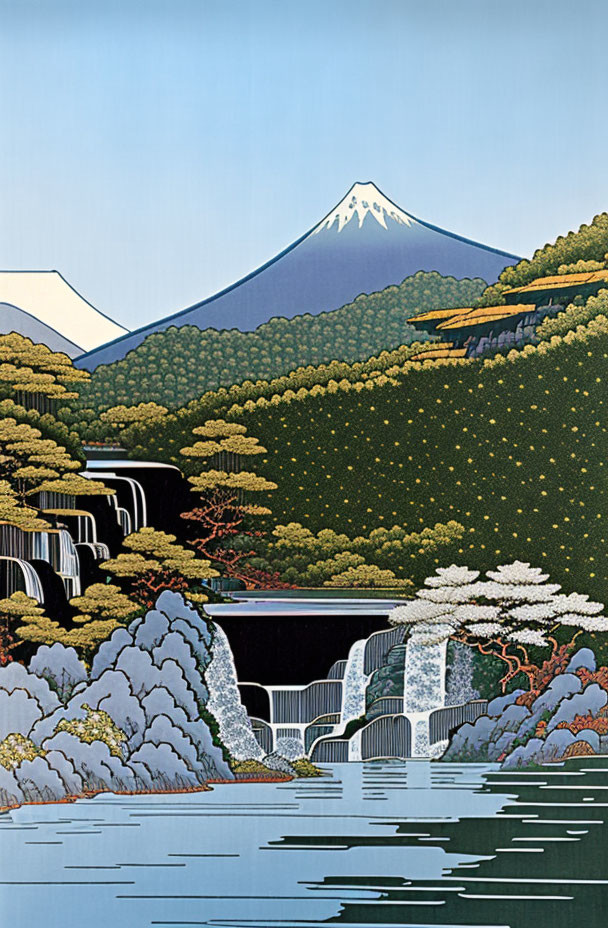 Japanese Woodblock Print: Mount Fuji, Waterfall, Lake, Greenery