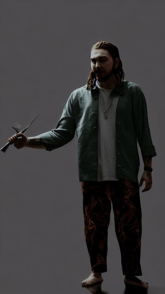Man with Braided Hair and Tattoos Holding Fork in Casual Green Shirt and Patterned Pants