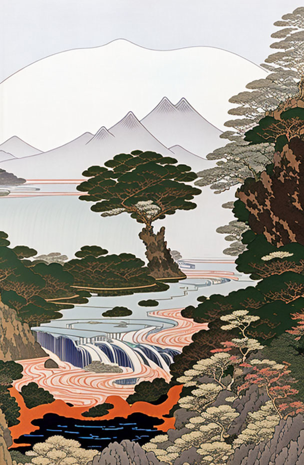 Serene Japanese-style artwork of waterfall, pine trees, mountains
