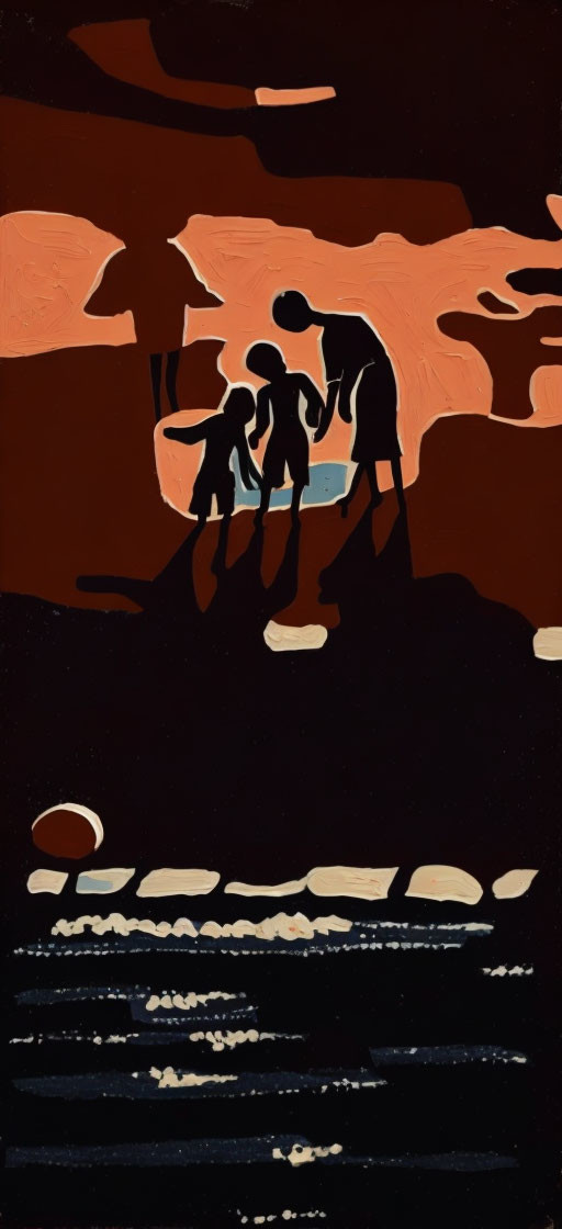Silhouetted Family by Water on Abstract Background
