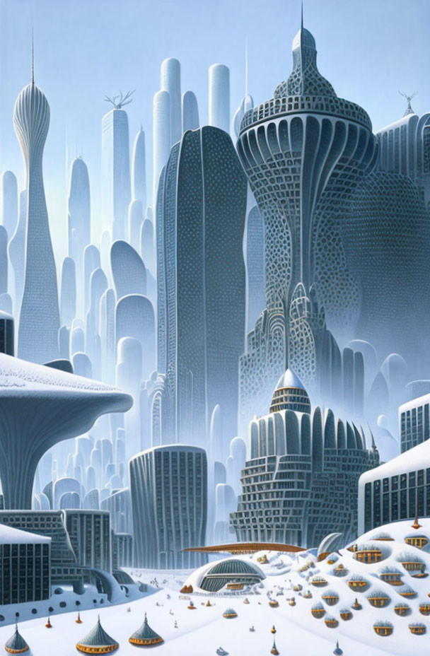 Futuristic cityscape with tall organic buildings under blue sky