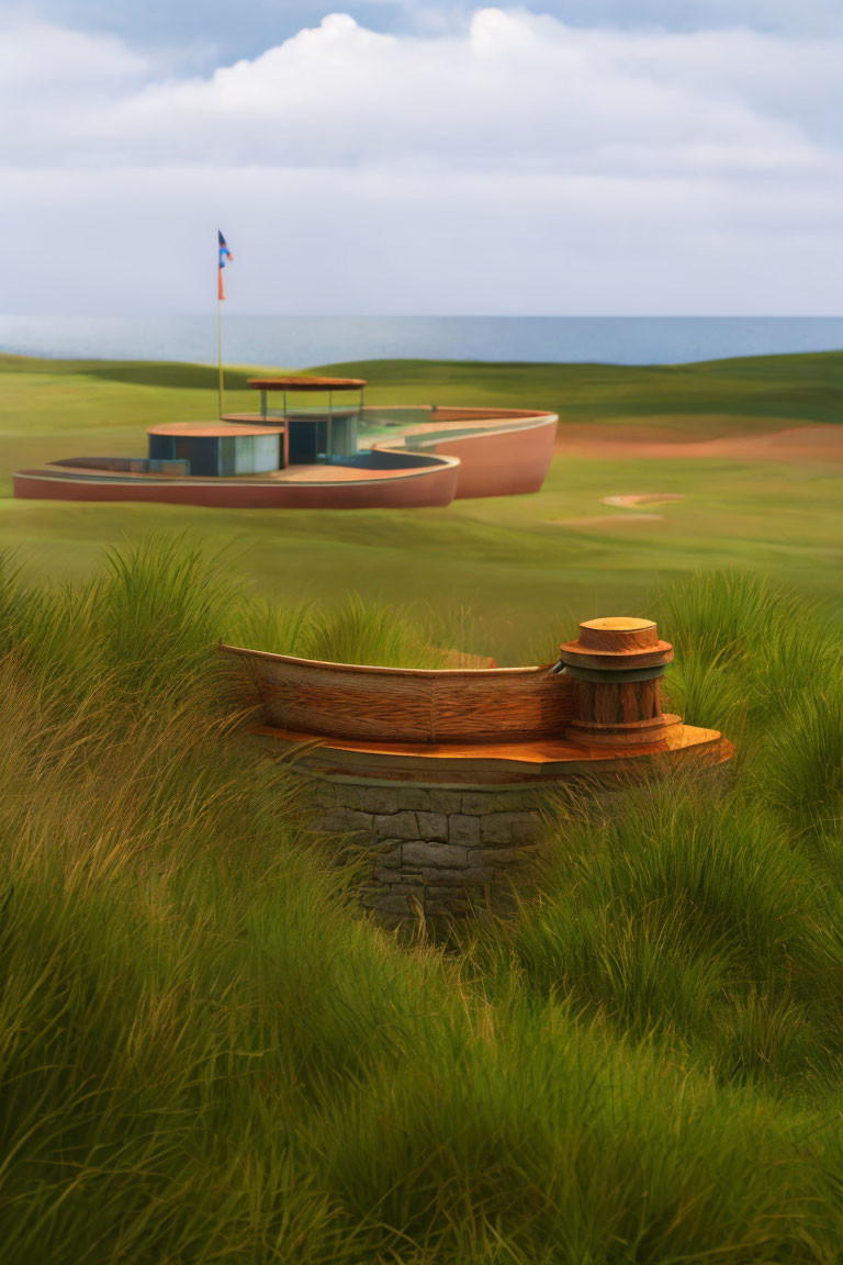 Tranquil golf course with circular clubhouse, flag, and wooden bench