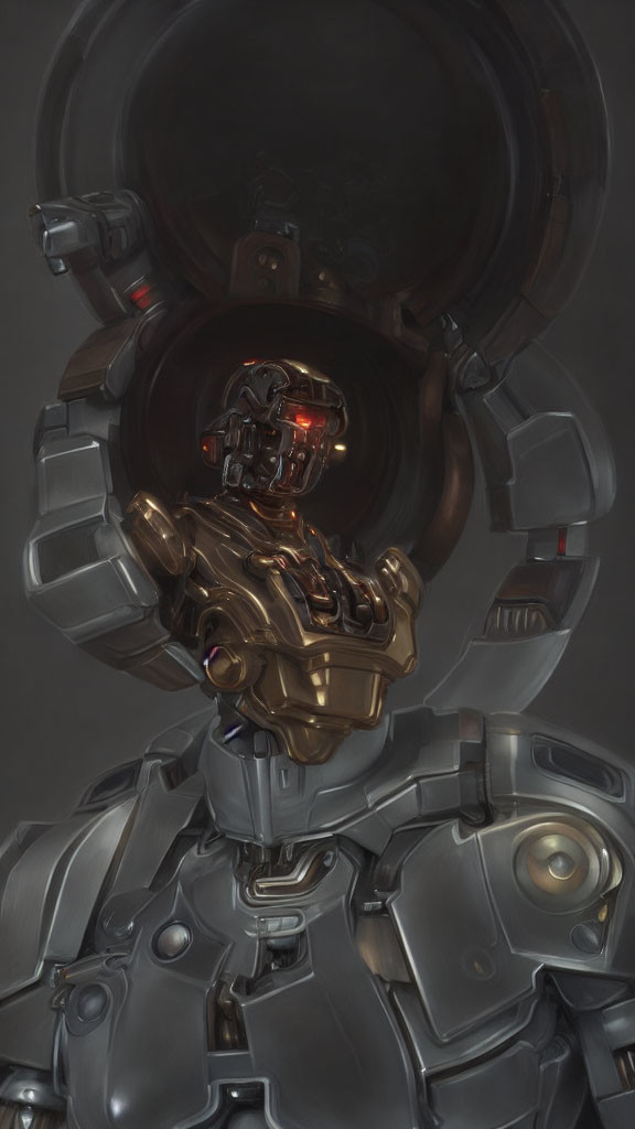 Futuristic armored humanoid with glowing red visor in mechanical suit