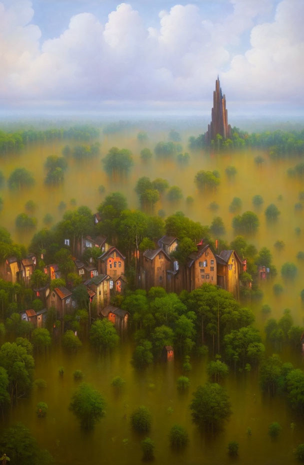 Scenic village with misty atmosphere and tall tower amidst green trees