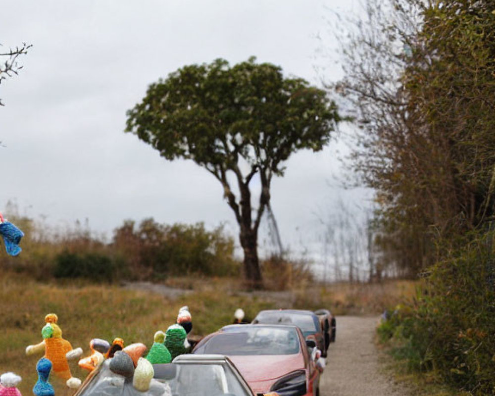 Colorful Knitted Toy Ducks Lead to Parked Orange McLaren on Rural Road