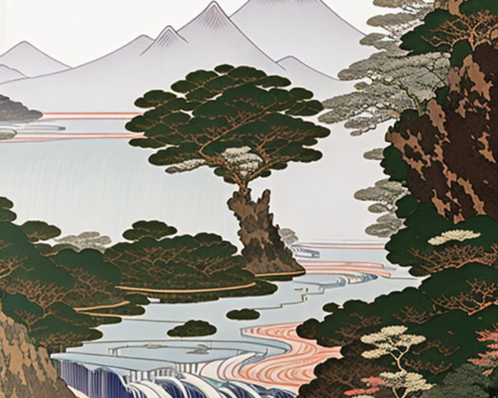 Serene Japanese-style artwork of waterfall, pine trees, mountains