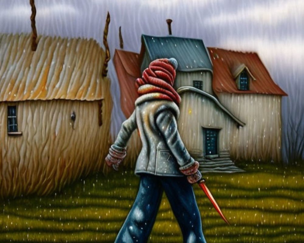Person in red beanie walks on colorful path with umbrella, whimsical houses, stormy sky