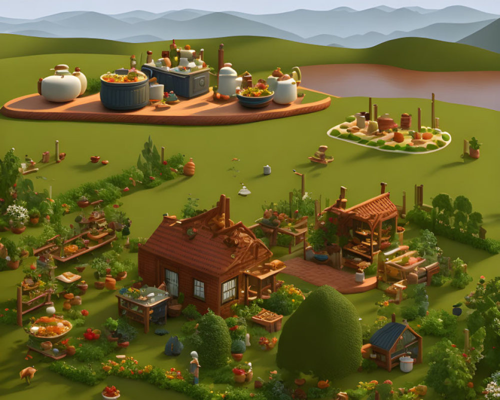 Colorful rural landscape with farmlands, buildings, gardens, and agriculture activities.