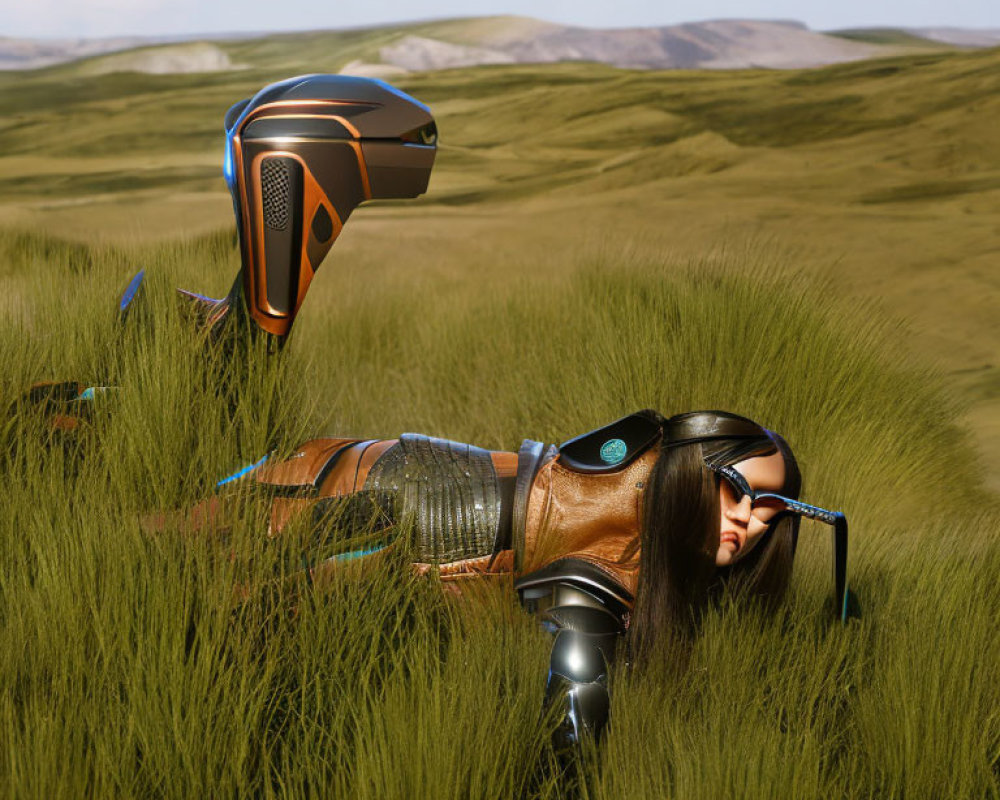 Futuristic female figure in leather suit with helmet in grass against hilly backdrop