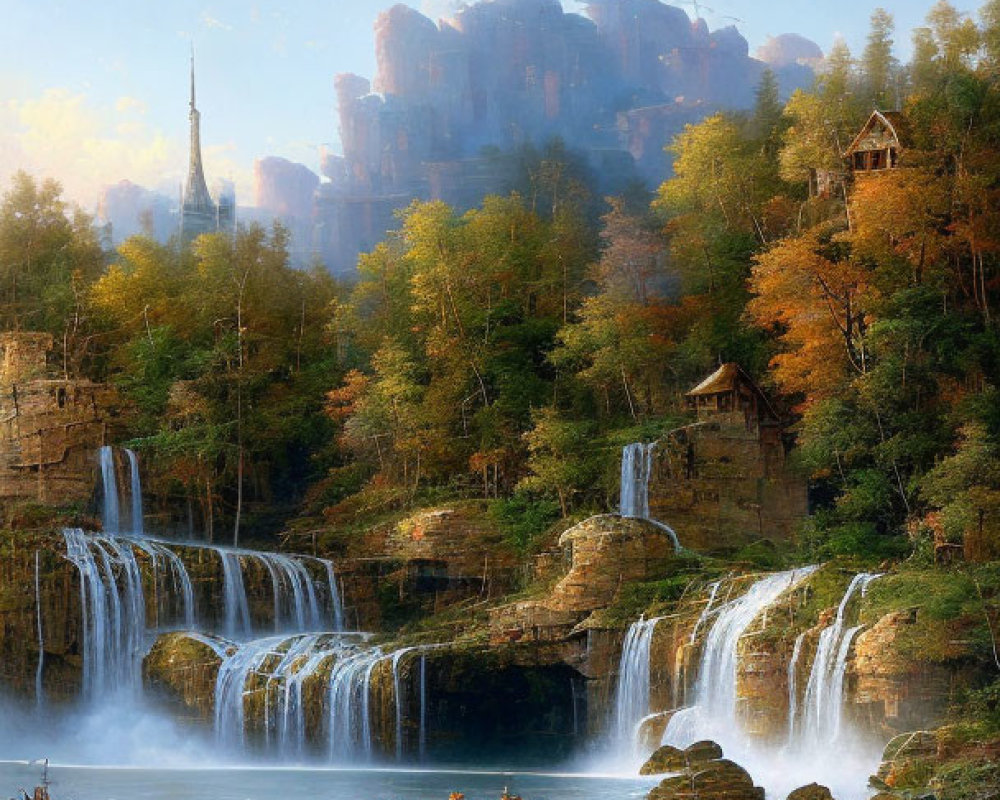 Tranquil painting of boats on river with waterfalls, autumn trees, and cliffs