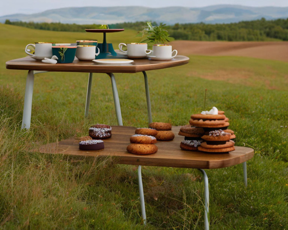 Outdoor wooden table with teacups, teapot, plants, and donuts overlooking scenic field and
