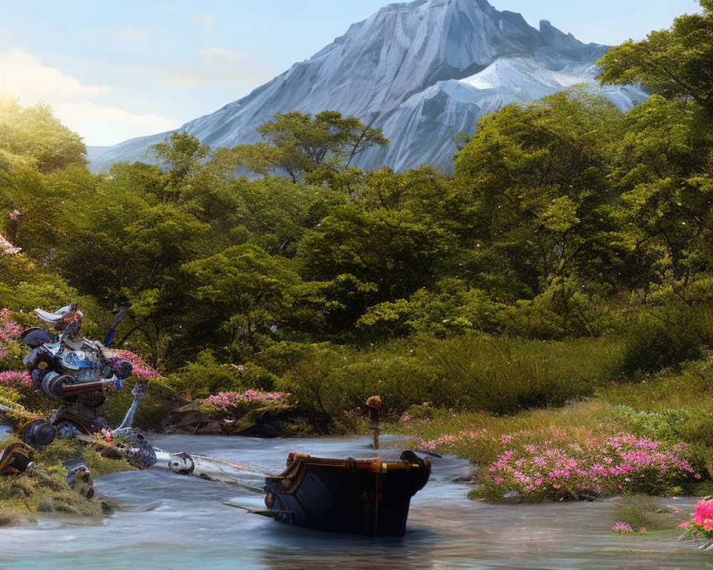 Tranquil landscape with boat, pink flowers, mountain, and blue sky