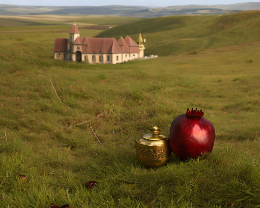 Tranquil landscape with church, hills, pomegranate, and golden object