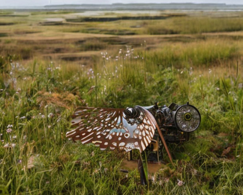 Butterfly Sculpture with Gear-like Patterns on Green Meadow
