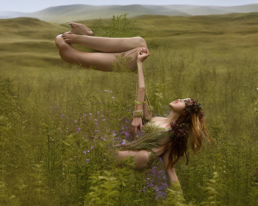 Woman with flower crown dances in meadow under cloudy sky