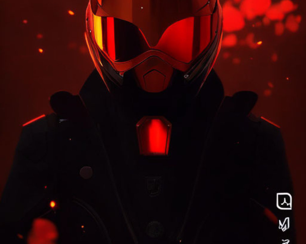 Futuristic Helmet with Glowing Red Visor on Dark Fiery Backdrop