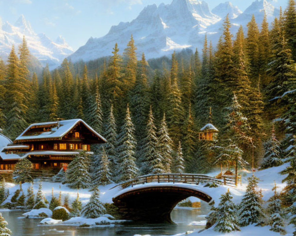 Snowy River Bridge and Cozy Cabin in Winter Wonderland