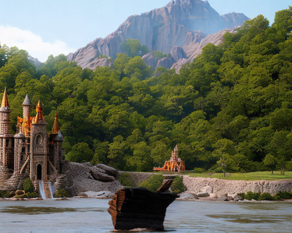 Scenic river view with derelict boat, castle, and mountains
