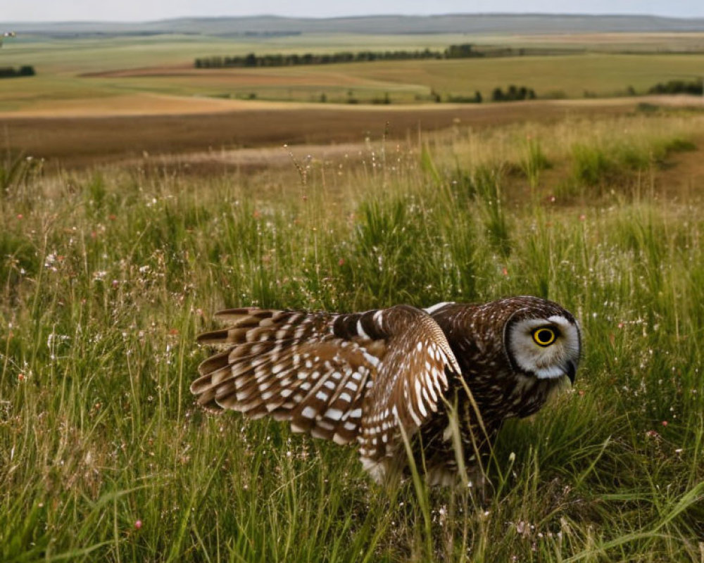 Owl flying over grassy field in countryside under overcast sky