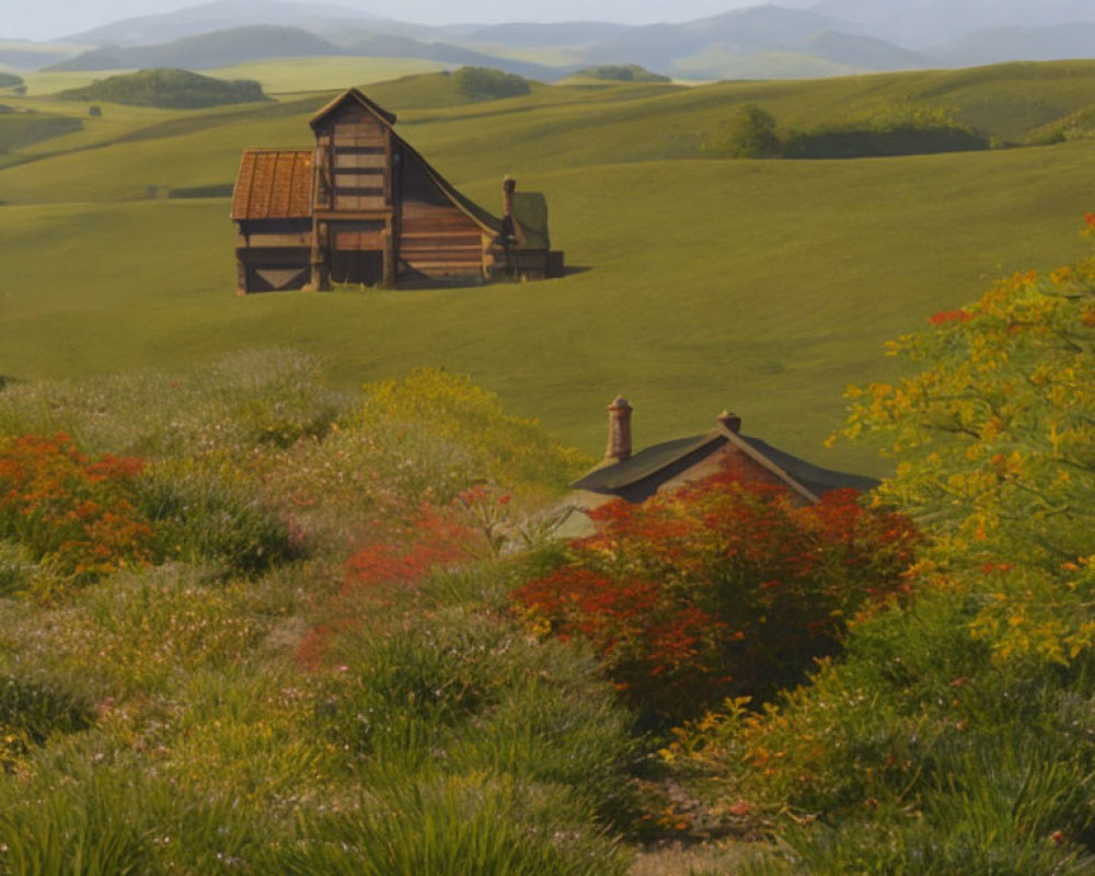 Rural landscape with wooden barn, green hills, wildflowers, and cloudy sky