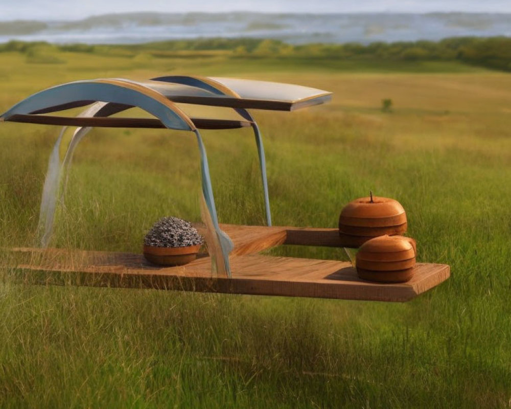 Modern wooden picnic table in serene outdoor setting
