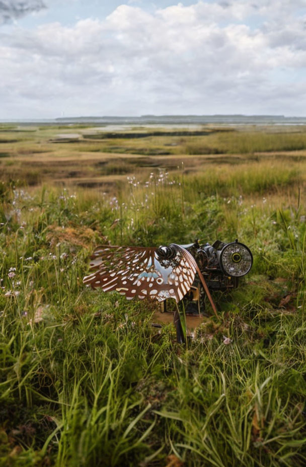 Butterfly Sculpture with Gear-like Patterns on Green Meadow