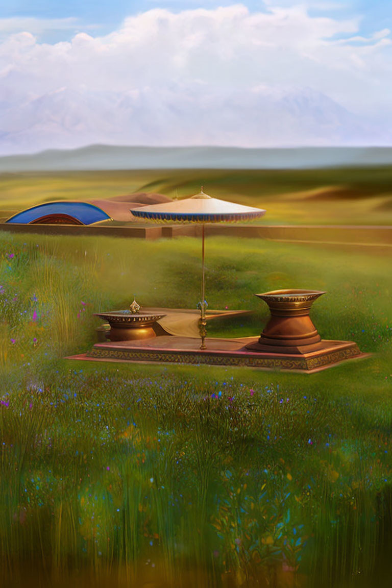 Tranquil landscape with hookah, umbrella, tent, wildflowers, and mountains