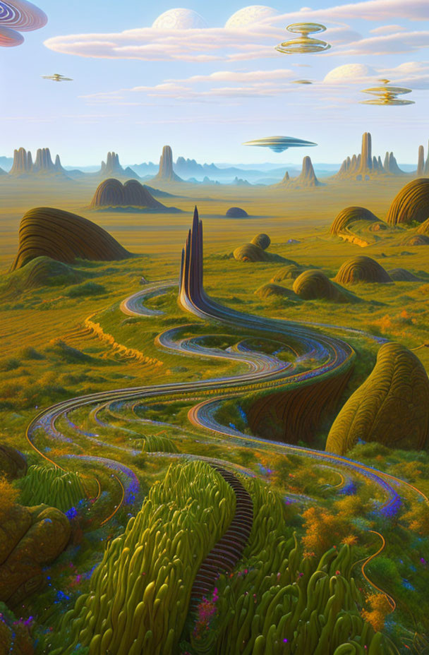 Curving road in surreal landscape with hills, unique flora, and flying saucers