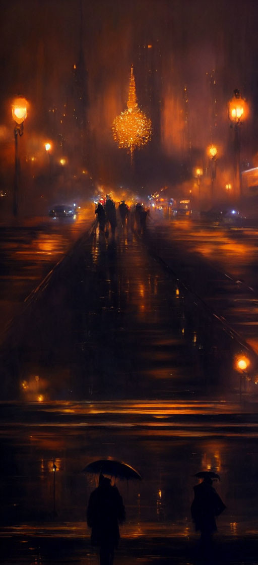 Rainy Night City Scene: People with Umbrellas, Street Lamps, Festive Decoration