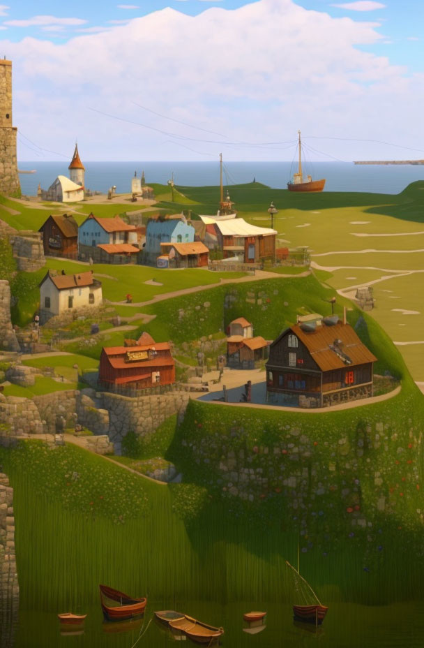 Scenic village by the sea with castle wall, boats, and sailing ship