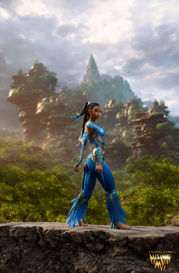 Fantasy character in blue ornate armor on stone platform with mountainous backdrop
