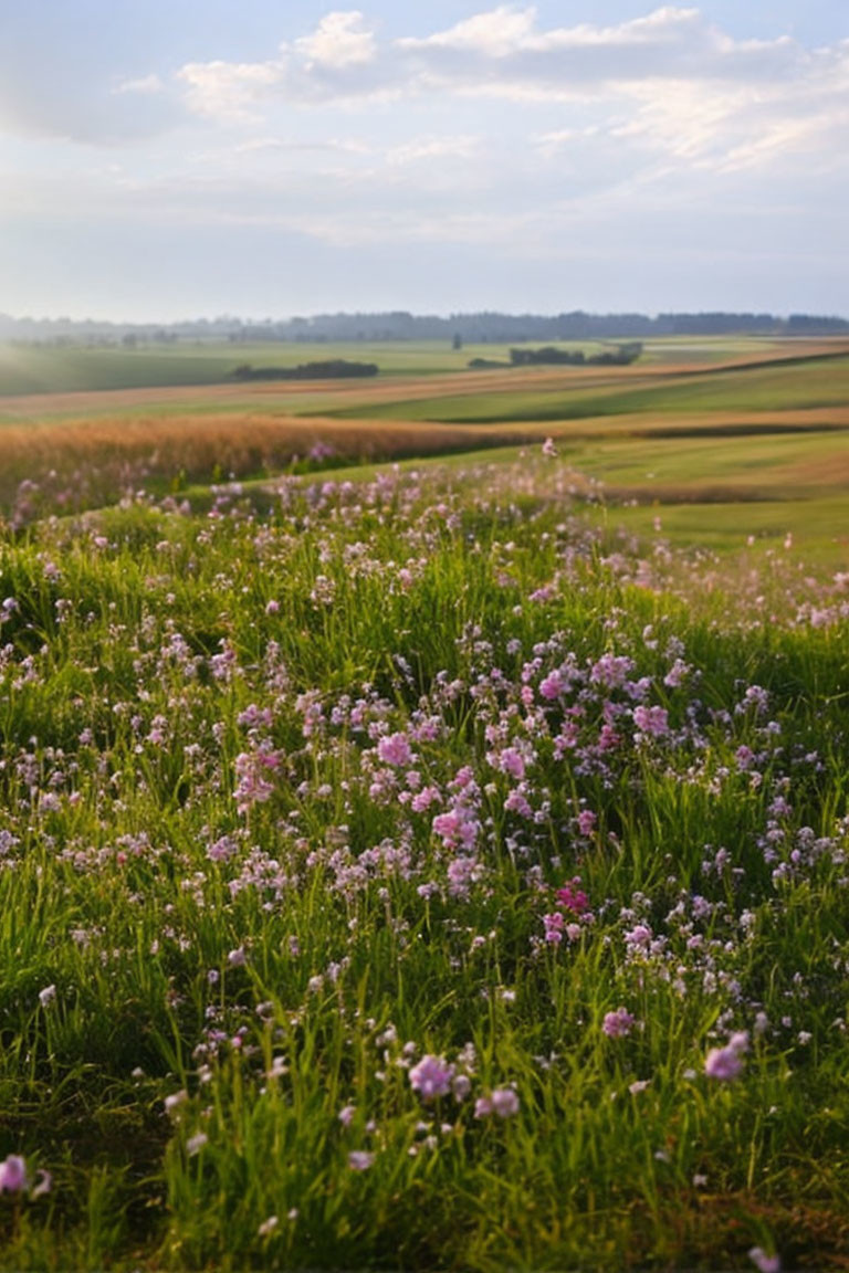 Tranquil landscape: purple flowers, green hills, hazy sky