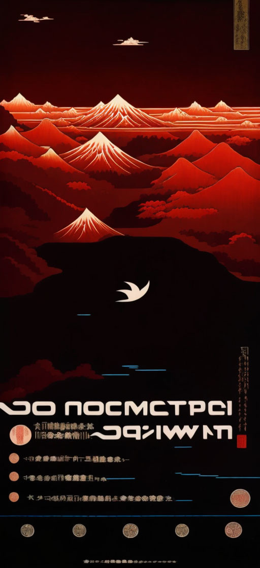 Layered Mount Fuji Silhouettes Poster with Birds and Japanese Text in Red and Black