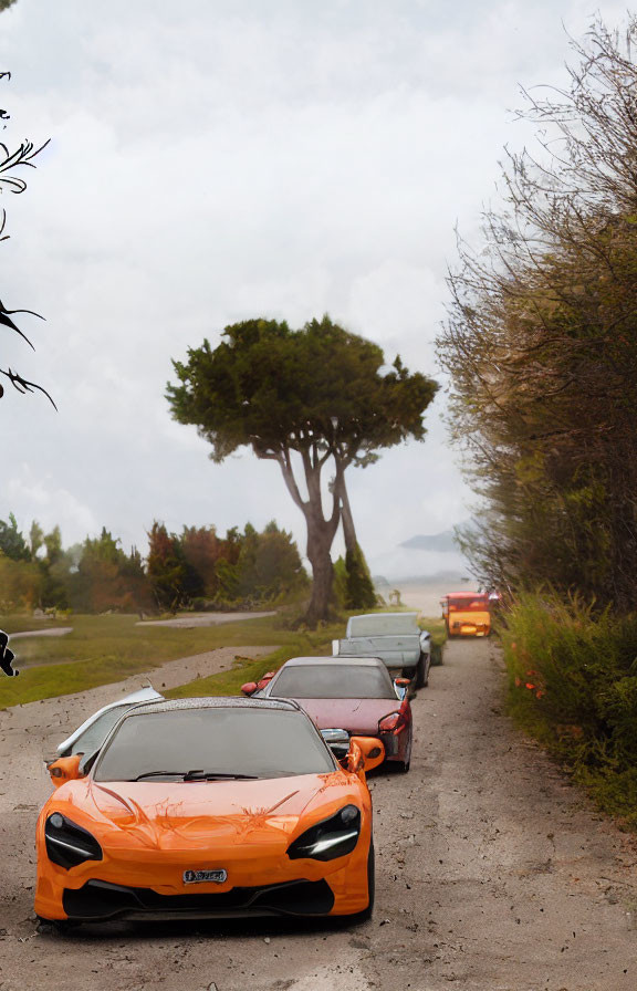 Convoy of sports cars on rural road with greenery and lone tree under hazy sky