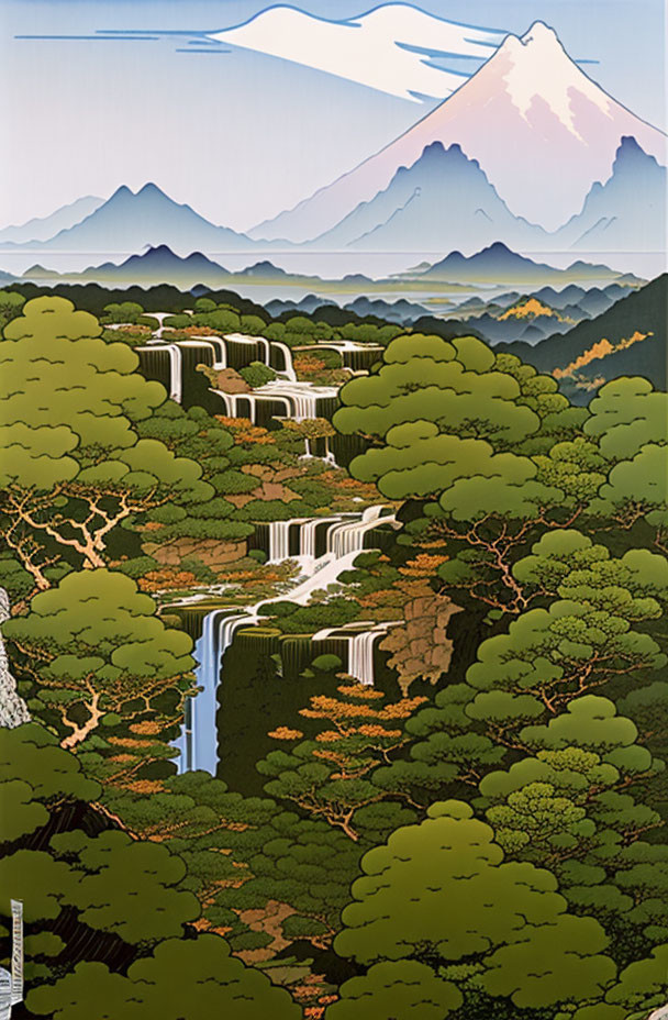 Scenic image of cascading waterfalls and snow-capped mountains