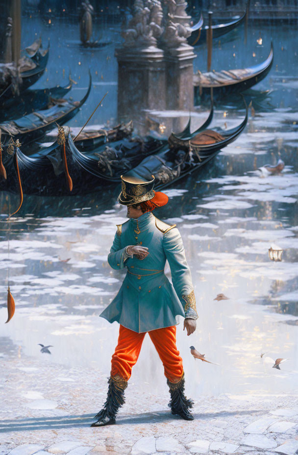 Person in Elaborate Costume with Hat and Orange Pants Surrounded by Birds and Boats on Reflect