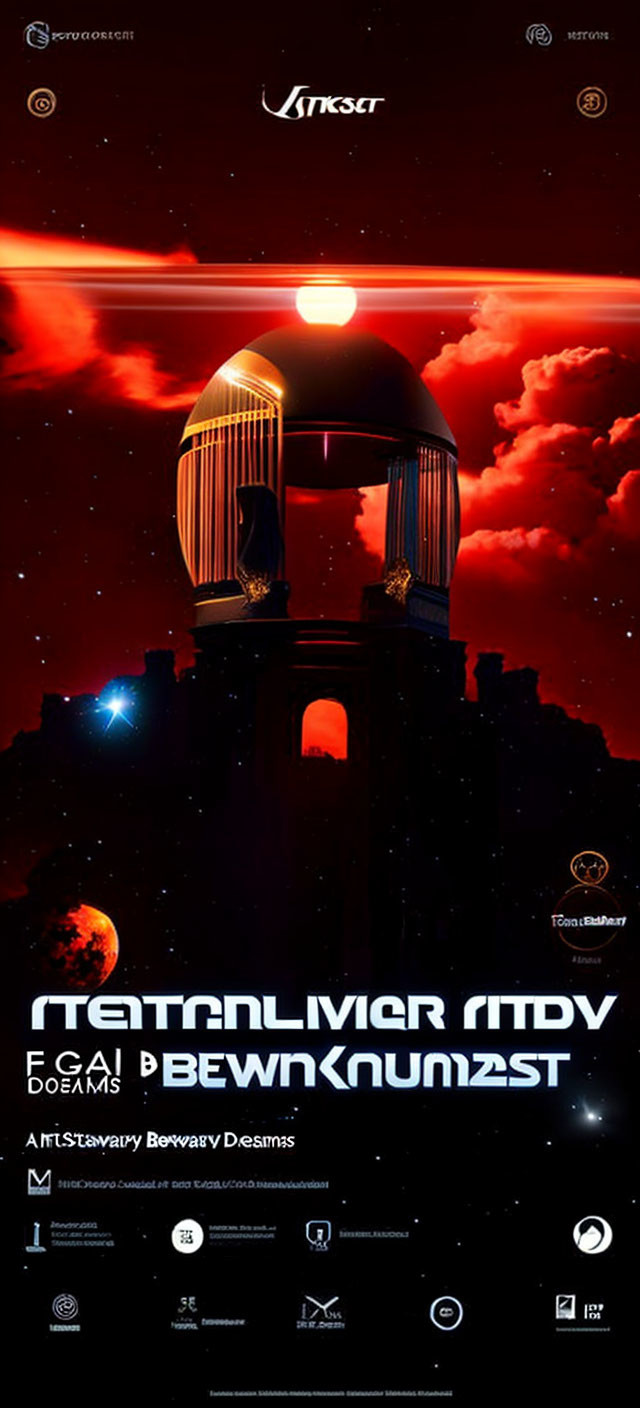 Stylized movie poster with domed structure, red sky, planets, logos, and text.