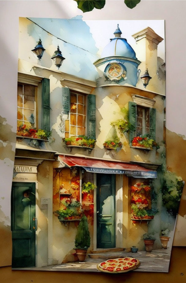 Vibrant watercolor art of a charming street corner with shops and hanging plants