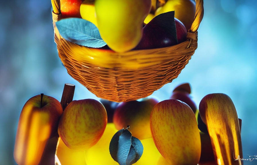 Ripe apples and peaches in woven basket under warm light