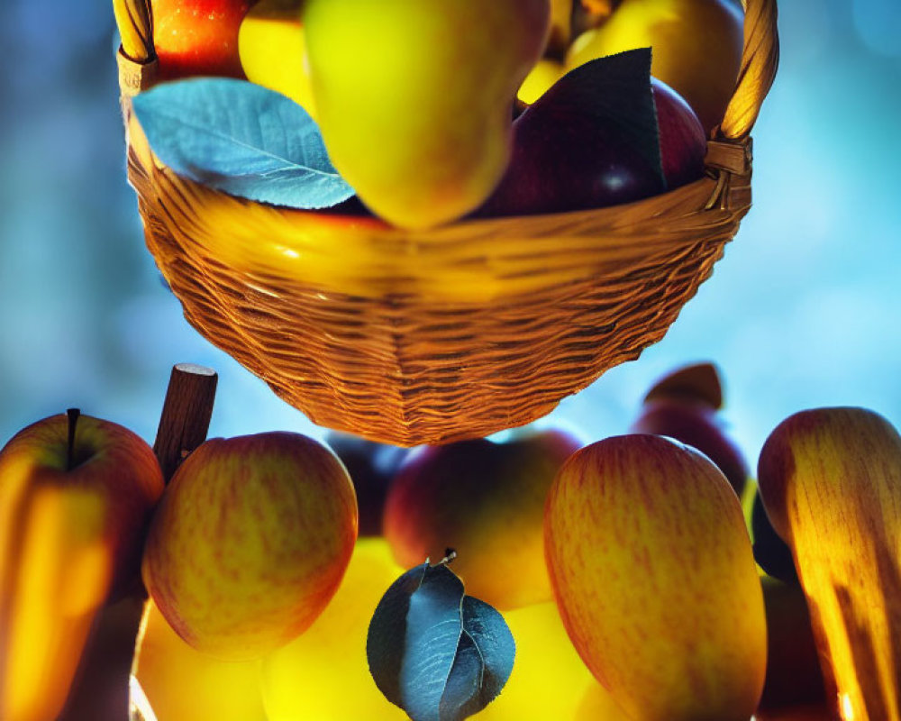 Ripe apples and peaches in woven basket under warm light