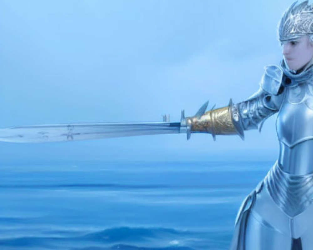 Female knight in silver armor with long sword against blurry blue background.