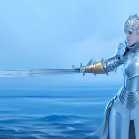 Female knight in silver armor with long sword against blurry blue background.