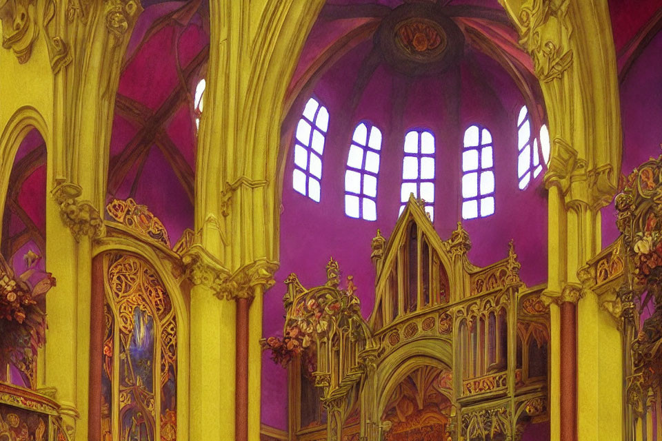 Gothic cathedral interior with stained glass windows and ornate arches