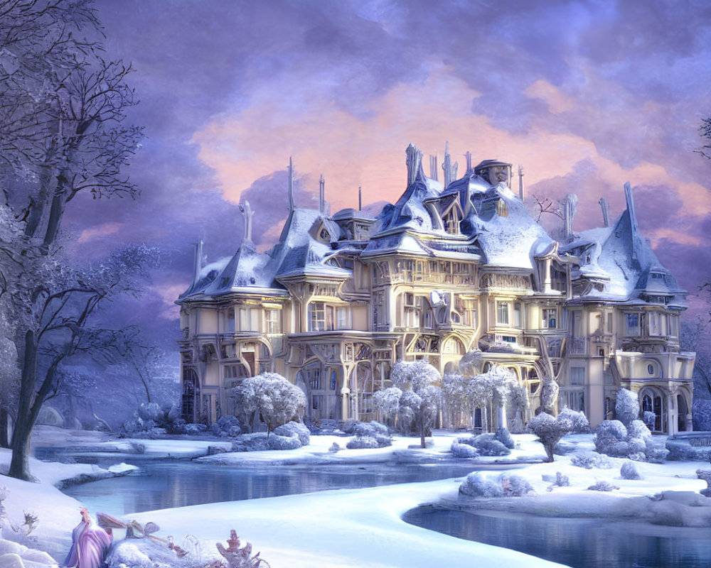 Victorian mansion in snowy landscape with bare trees and frozen river