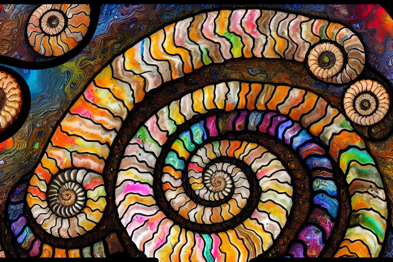 Colorful Spiral Patterns Resembling Ammonite Fossils